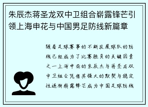 朱辰杰蒋圣龙双中卫组合崭露锋芒引领上海申花与中国男足防线新篇章